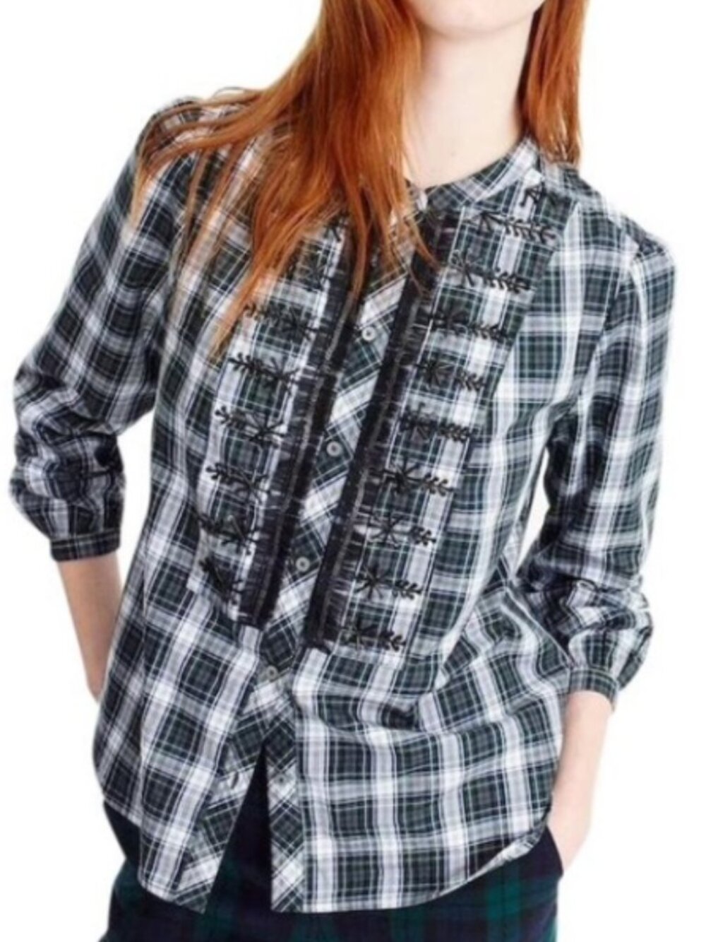 J.‎ Crew Women's Embellished Forest Green Tartan Glen Plaid Button Up Size PM